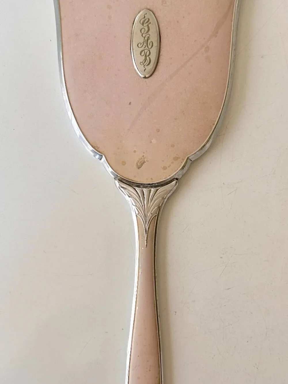 Vintage EVANS Pink Vanity Hand Mirror Art Deco Silver Plate